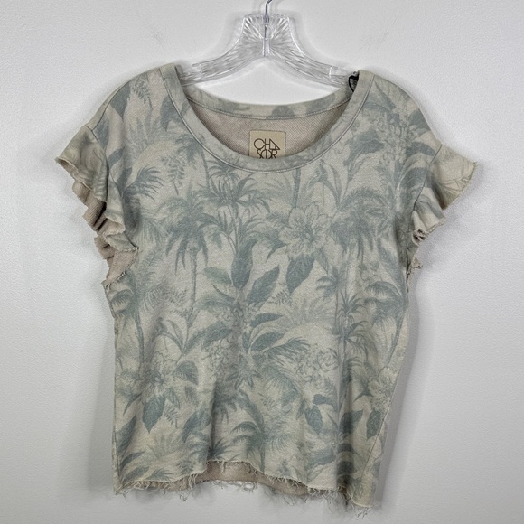 Chaser Women's Small Flutter Sleeve Raw Edge Palm Tree Terrycloth Sweatsirt Top - Picture 1 of 6